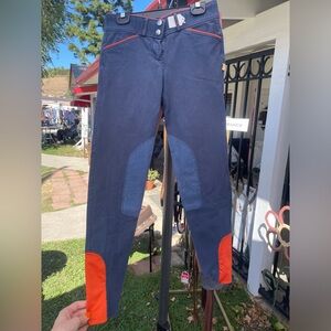 Devon Air Fine Riding breeches navy blue and red suede knee patch size 24